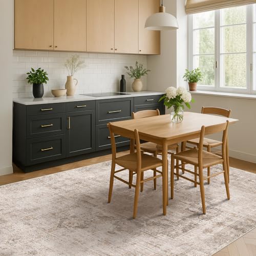 Image of Hazo Haus Neutral Farmhouse Area Rug for Bedroom - 6x9 Washable Rug for Dining Room Table, Ultra-Thin Soft Textured Boho Indoor Decor, Fade & Stain Resistant