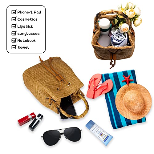 Hirooms Women Beach Bag Straw Woven Shoulder Bag Crossbody Bucket Handbags Summer Handmade Hobo Purse Bamboo Handle (Brown) #TOP3