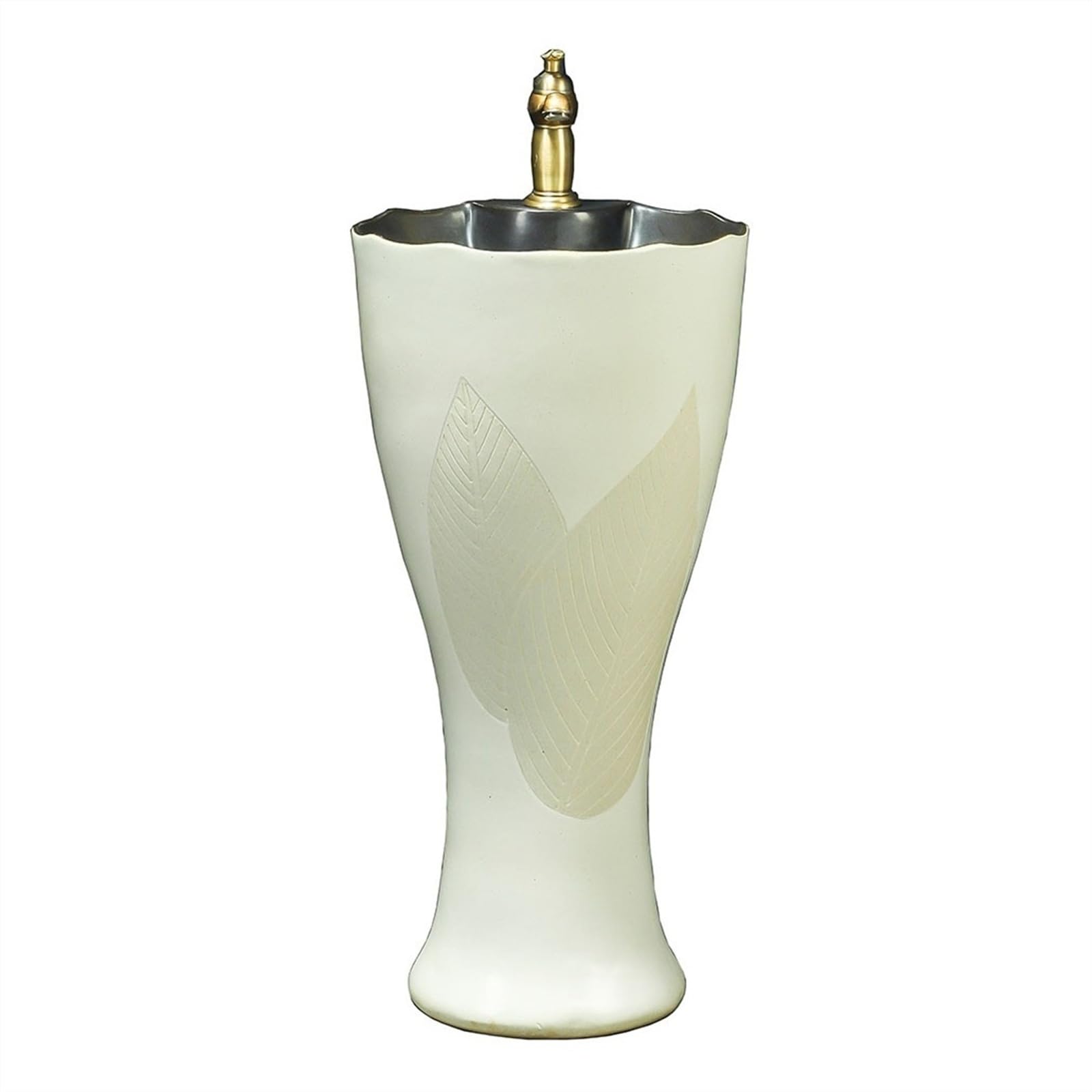 Zhaoj24-05 One Color Pedestal Sink Pedestal Sink For Indoor And Outdoor, Ceramic Bathroom With Leaf Carving, Floor Standing Wash Basin With Faucet And Pop Up Drain