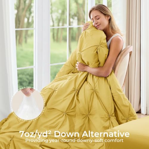 Image of Sasttie Full Size Comforter Set, 7-Piece Bed in a Bag Double, Pintuck Bedding Set for All Season, Includes Comforter, Flat Sheet, Fitted Sheet, Pillowcases and Pillowshams, Mustard Yellow
