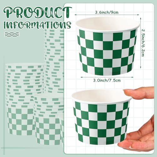 Image of Zopeal 50 Count Dark Green Checkered Ice Cream Cups Disposable Race Car | Dessert Bowls 9 oz, Paper Ice Cream Bowls, Birthday Party Supplies, Snack Cups Sundae Picnic Yogurt Bowls for Food