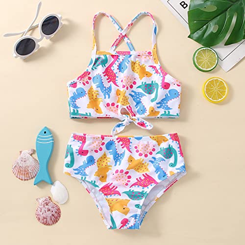 Girls 2 Piece Swimsuit Summer Toddler Girls Bowknot Cartoon Dinosaur Prints Two Piece Swimwear Swimsuit (White, 2 Years)2