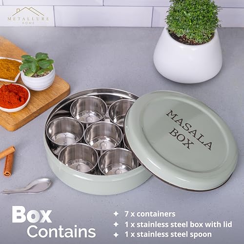 Image of Metallure Home Modern Stainless Steel Masala Box | Masala Dabba with 7 Containers and Spoon | Kitchen Spice Storage Container | Masala Dani (Spoon Included) | Handcrafted Aesthetic Design (Green)