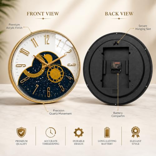 Image of ARMONIA Premium Designer Wall Clock for Living Room 15 Inch | Silent Quartz Acrylic Wall Clock | Luxury Gold & Blue Decorative Round Wall Clock for Modern Home & Office Decor, Bedroom & Decor