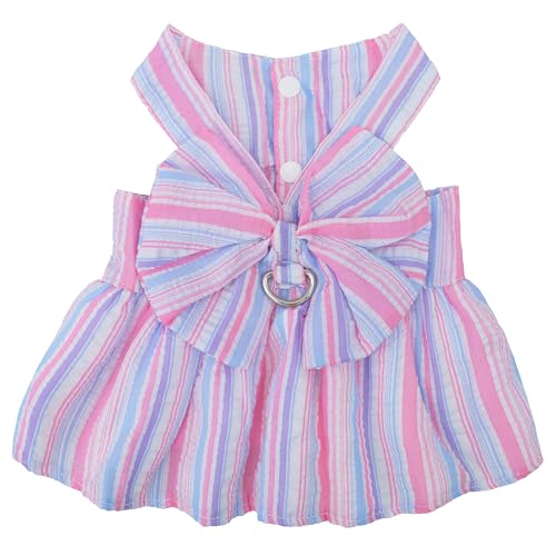 Pet Dog Harness Dress, Cute Striped Pattern with Bow, Princess Puppy Dresses with Button Closure, Summer Dog Clothes for Small Dogs Girl (Purple, Medium)