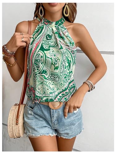 Image of RoseSeek Women's Tropical Paisley Halter Blouse Boho Shirt Vacation Tops | Polka Dots Print, Halter Tops, Summer Tops, Going Out Tops, Beach, Dressy Tops, Boho Blouses