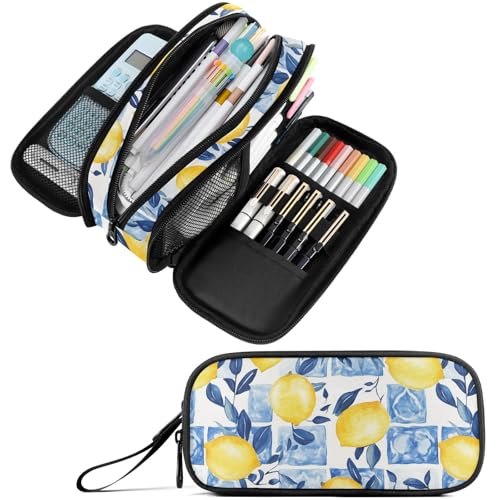 Image of Fustylead Watercolor Lemons over Blue Tiles Large Pencil Pen Case Stationery Bag 3 Compartments School College Office Organizer