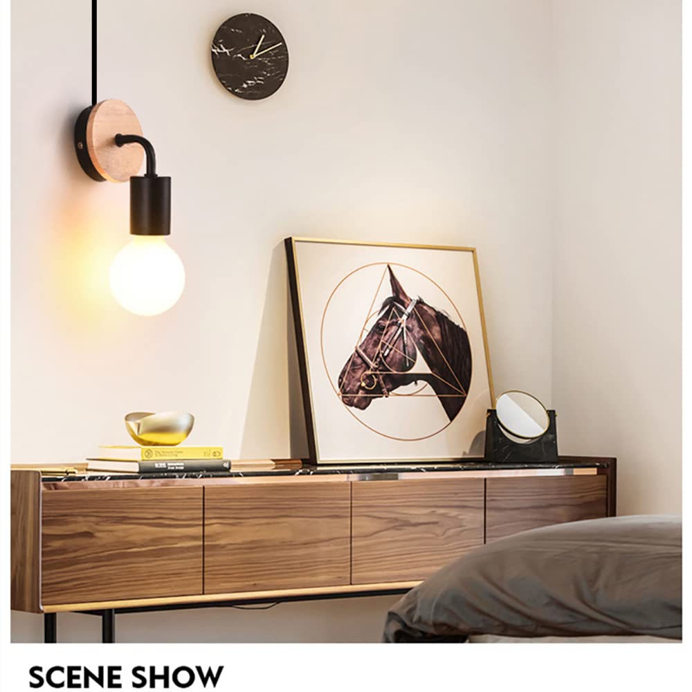 SENFAY Retro Wandlamp voor binnen met schakelaar en stekker, industrieel retro lamp wandlampen van metaal en hout, Wandlamp met snoer van 1,8 m, E27, voor slaapkamer trappenhuis woonkamer, Zwart,zwart