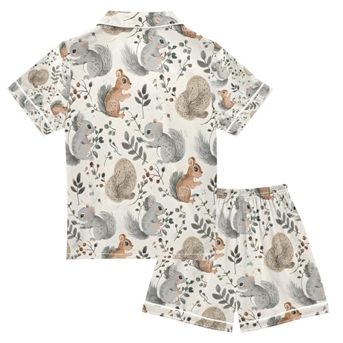 senya Squirrel Eat Leaves Satin Summer Pajama Sets Silk Short Sleeve Button Down Sleepwear2