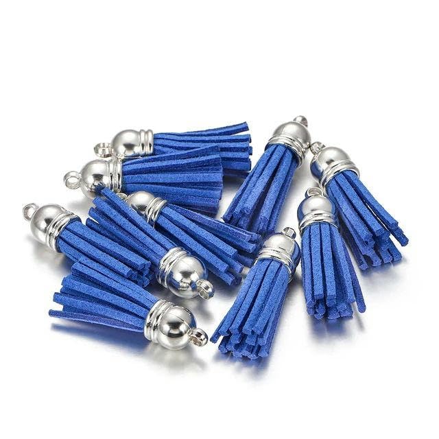 10/20/60pcs 38mm Vintage Leather Tassels Fringe Purl Macrame For DIY Jewelry Making Keychain Cellphone Strap Pendant Accessories-Dark blue-10pcs Rose Gold Cap