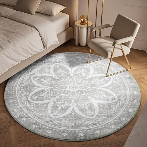 Image of Carvapet Round Rugs Circle Rug - Vintage 60 inch Washable Non Slip Rubber Backing Foldable Low Pile for Living Room Bedroom, 5ft Grey Rug