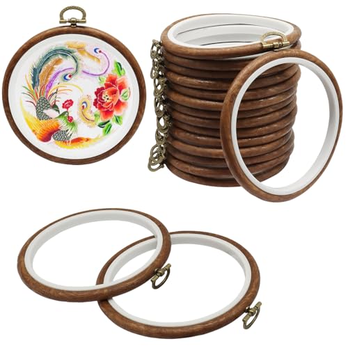 Image of Bonsicoky 15 Pack 5 Inch Round Embroidery Hoops | Wood Look Decorative, PVC Imitated Wood, Vintage Frames, For Hand Embroidery & Cross Stitch Projects