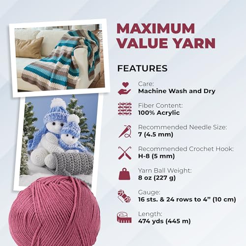 Image of Mary Maxim Maximum Value Acrylic Yarn for Crocheting and Knitting, Soft Worsted Weight Pink Yarn 4, Ideal for Blankets, Sweaters, Hats, and Scarves, 8 oz Skein (474 Yds), Dark Pink - 1 Skein