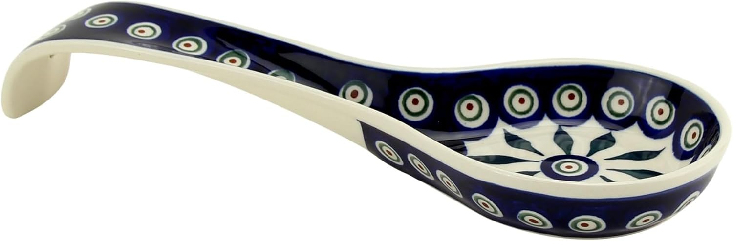 Polish Pottery Market 12” Long Handmade by Zaklady Boleslawiec Poland, Cute Spoon Rest for Stovetop, European kitchen décor, Ladle Holder (Peacock)