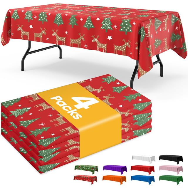 Christmas Red Plastic Table Cloth - 4 Pack 54" × 108" Rectangle Disposable Tablecloths for 6FT Tables, Waterproof Table Cover for Party, Holiday & Gathering Use