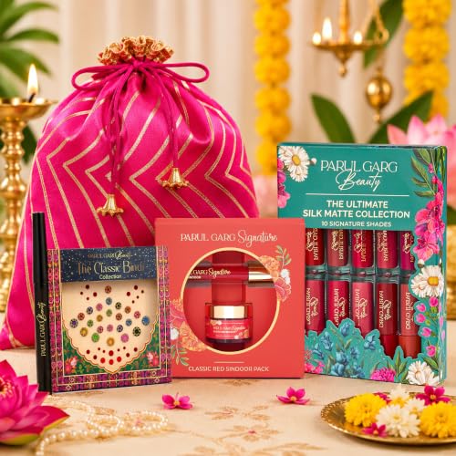 Image of Parul Garg Beauty Varalakshmi Celebration Gift Pack | Festive Beauty Gift Set | 10 Mini Silk Matte Liquid Lipsticks, Kajal, Sindoor, Utsav Bindi Patta with Pink Potli