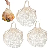 XIAOGUA 3 Piezas Bolsa de Compra de Red de Algodón Bolsa de Malla de Asa Larga Ecológicas Ligeras y Plegables para Compras, de Algodón Reutilizables para Frutas, Verduras, Viajes, Salidas, Playa