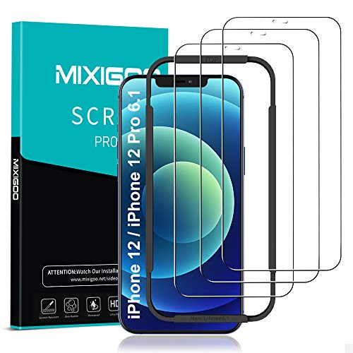 mixigoo 3 Piezas Protector Pantalla para iPhone 12 Pro/iPhone 12, Cobertura Completa Cristal Templado iPhone 12 [Marco Instvalación Fácil] 9H Vidrio Templado iPhone 12/iPhone 12 Pro-6.1''