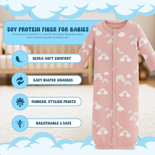 Image of Babysoy Baby Long Sleeve Gown Sleep Sack | Made with Organic Cotton & Azlon from Soy | Ultra Soft Nightgown for Easy Diaper Changes | Modern Prints, Reversible Mittens (3-6 Months,Rainbow Peony)
