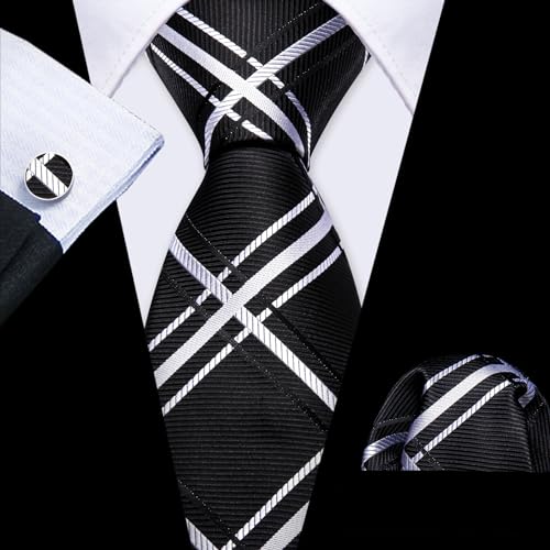 Image of YOHOWA Men Plaid /Striped Ties Set Silk Business Wedding Formal Fashion Necktie and Pocket Square Cufflinks Set
