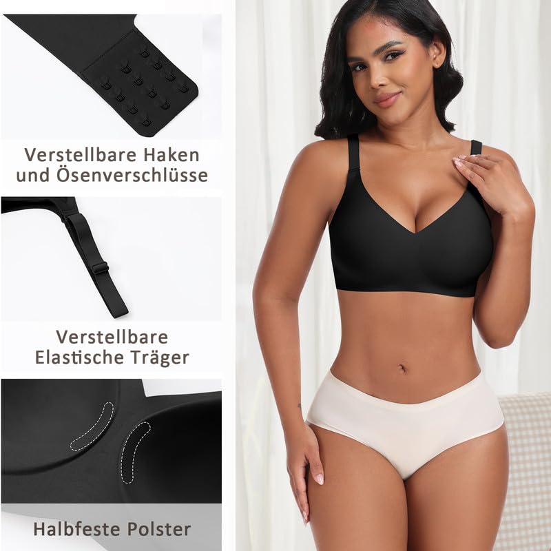 Jiuday Reggiseno senza ferretto, reggiseno push up con seni grandi, tenuta forte, senza stiratura, imbottito, senza cuciture, senza buegel, Nero/Bianco, XXL