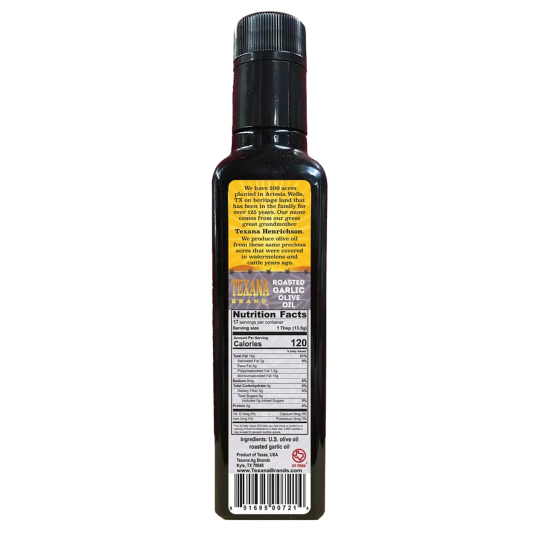 Texana Brand Roasted Garlic Infused Olive Oil- 250ml (8.5oz) Bottle- 100% Arbequina Olives USA Made & Texas Sourced- Non-GMO, All-Natural, Gluten-Free, Extra Virgin