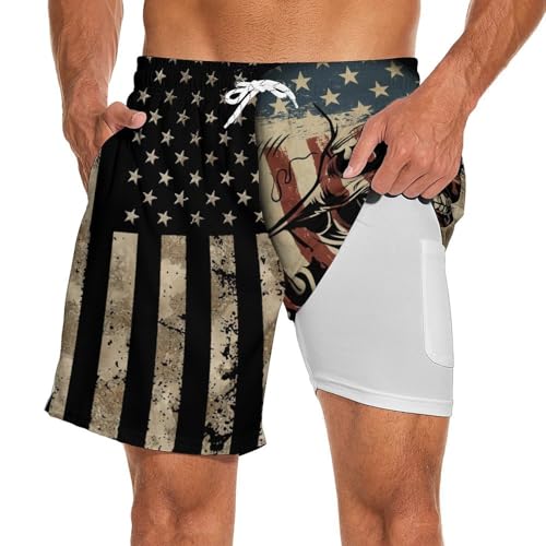 Mens Swim Trunks with Compression Liner 7 Inch Board Shorts Men Bathing Suit 2 in 1 Quick Dry Beach Swimsuits