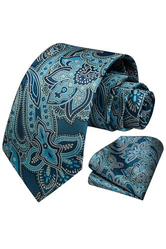 HISDERN Herren Krawatte Taschentuch Paisley Blumen Hochzeit Krawatte & Einstecktuch Set Aqua Blau