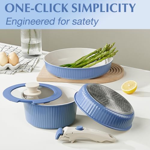 Image of KOCH SYSTEME CS 19 Pcs Non stick Ceramic Cookware Set with Detachable Handles, Nonstick Pots and Pans Set, Induction /Dishwasher Safe, Non Toxic Space Saving Kitchen Set with Lids & Utensils, Blue