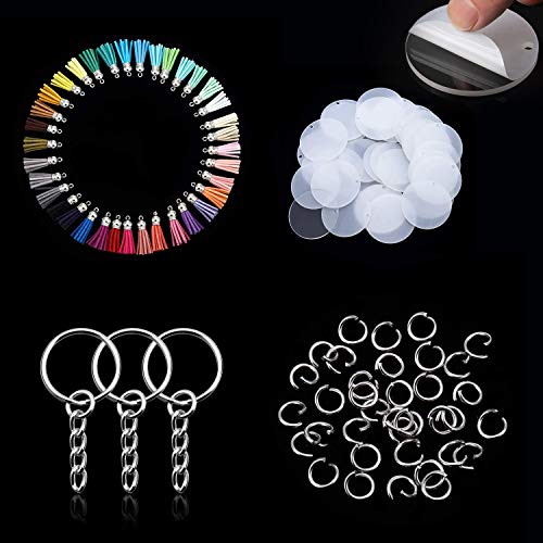 Ulimitx 24Pcs Acrylic Clear Circle Discs Transparent Round Keychain Blanks for Vinyl, with 24Pcs Key Chains, 24Pcs Tassel Pendants for DIY and Crafts