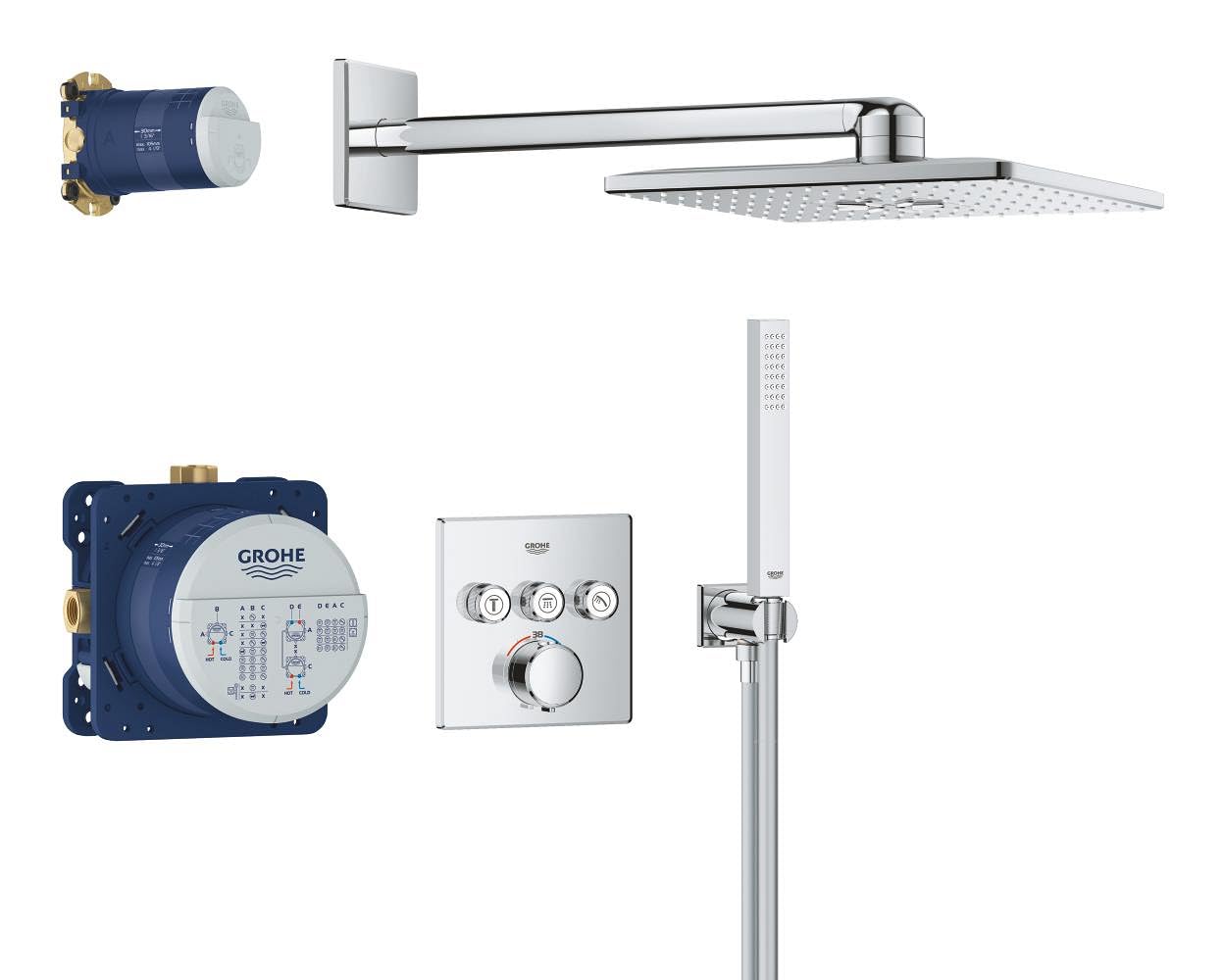 GROHE Kit de ducha empotrado Precision SmartControl 310 mm, 2 tipos de chorro, caja de instalación universal, manguera de ducha de 1500 mm, termostato empotrado, cromo, 34875000