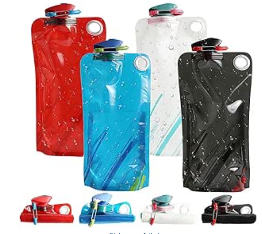 SJkeji 4-Pack 1000ml Foldable Collapsible Water Bottle – Reusable BPA Free Flexible Drink Pouch with Clip, Leakproof Sports Bottle for Outdoor Travel, Hiking, Biking, Running & Gym