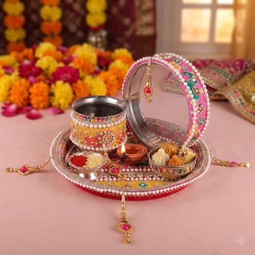 SATVIK 11 Pc Set of Decorative Karwa Chauth/Karva Chauth Thali with Lota, Channi, Story Book, Thali Cover, Bindi, Poster, Clay Diya, Roli-Chawal, Ghee Wicks, Mehendi Cone by SATVIK - Used condition - Image 3