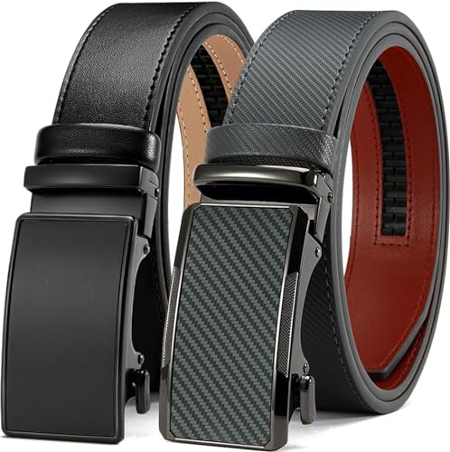 Image of Men's Ratchet Leather Belt Set - 2 Pack Sliding Belt Adjustable For Gift Mens Dress Casual 1 3 /8 inch,Cut for Fit