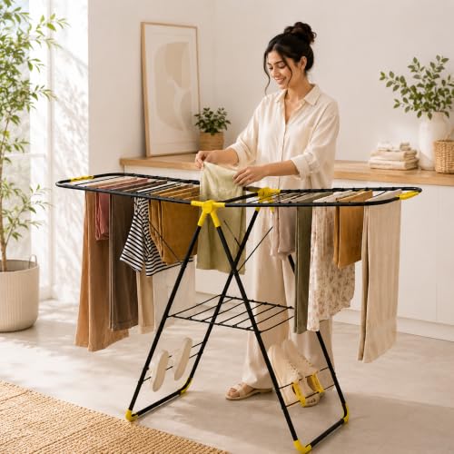 Image of BonKaso Premium Steel Foldable Cloth Dryer Stand | Heavy Duty Clothes Drying Rack with Arm Lock & Socks Holder | 147 x 60.5 x 105.5 cm | Black & Yellow
