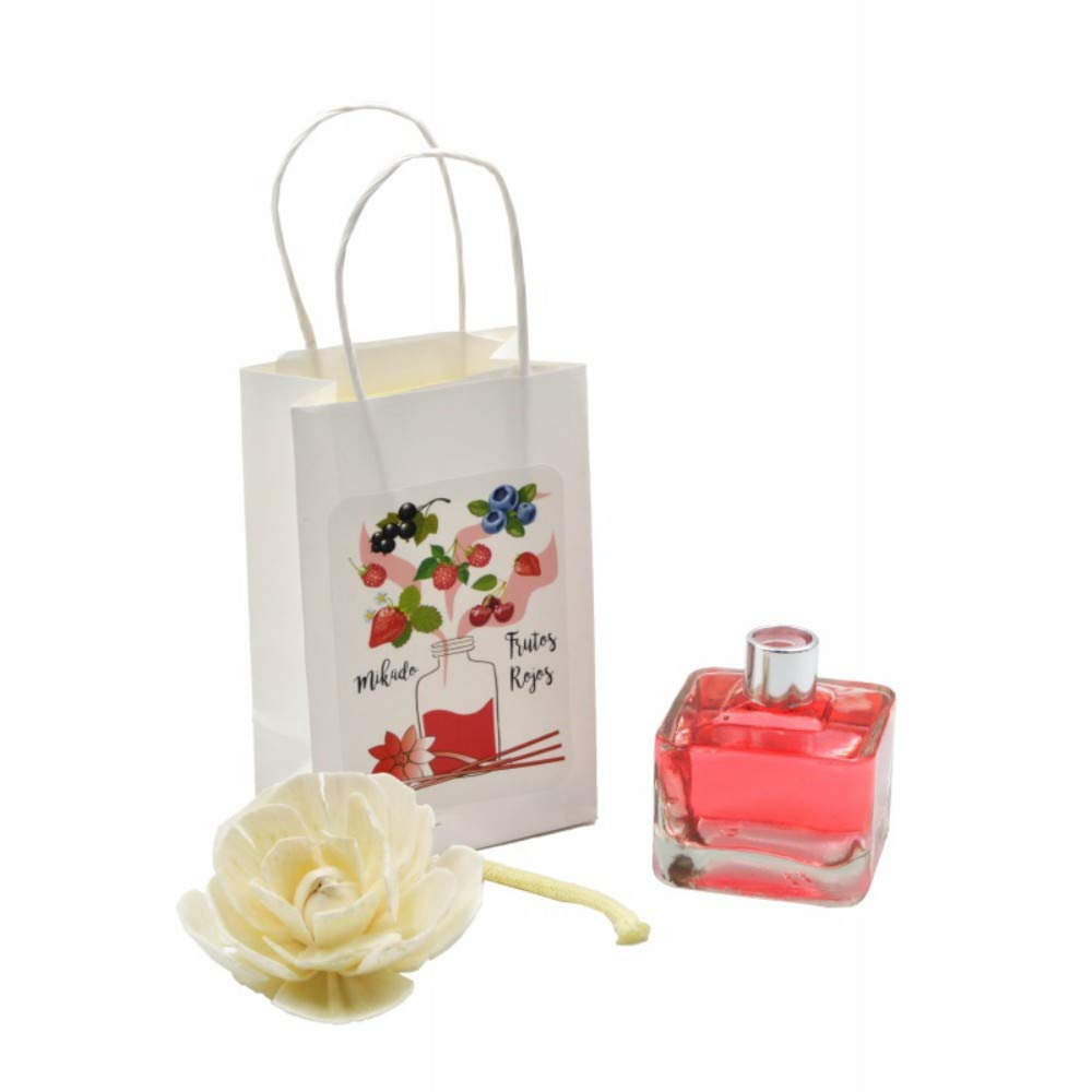 Lote de 8 Mikados Flor Perfume Frutos Rojos en Bolsa Decorativa a Juego. Regalos Originales. Ambientadores. Complementos. Detalles para Bodas, Comuniones, Bautizos y Cumpleaños. CC