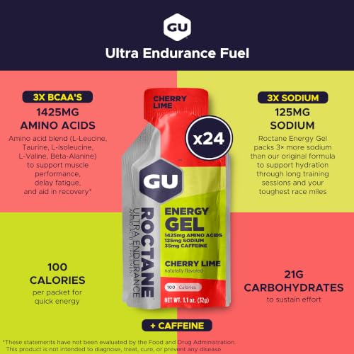 Image of GU Energy Roctane Ultra Endurance Energy Gel, Vegan, Gluten-Free, Kosher, and Dairy-Free On-The-Go Sports Nutrition for Running, Biking, Hiking or Skiing, 24-Count, Cherry Lime