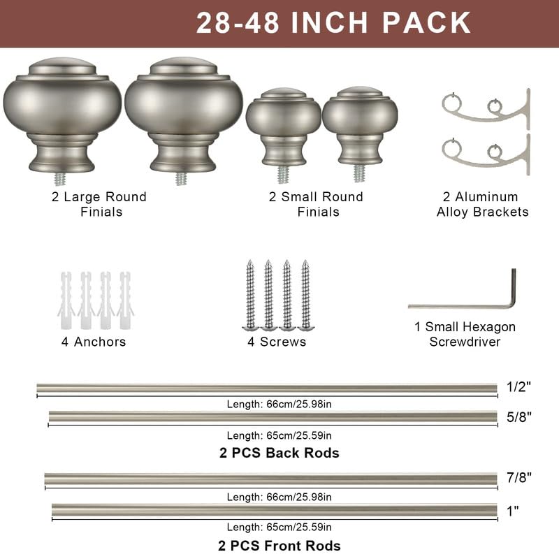 Doppel-Gardinenstangen aus gebürstetem Nickel, 71,1 bis 122,9 cm, dekorative Doppelfensterbehandlungsstange mit Urnen-Endstücken, Teleskop-Doppelstangen-Gardinenstangen, 2,5 cm vorne und 1,6 cm hinten