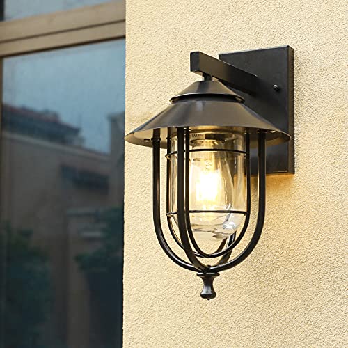 Mengjay Glass Lantern Wall Sconce Light Vintage Outdoor Waterproof Rustproof Wall Lamp Outside Decoration Aluminum Metal Wall Lantern for Corridor Villa Patio Garden (D)