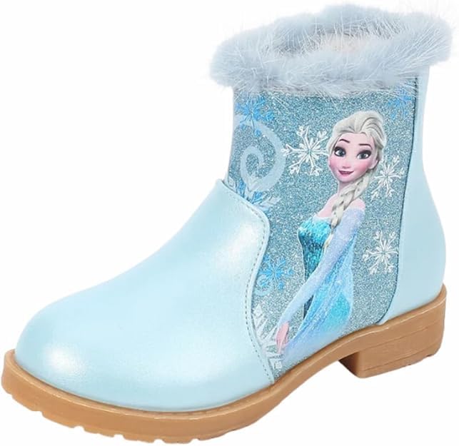 Girls Winter Ankle Boots with Frosty Princess Design, Light Blue