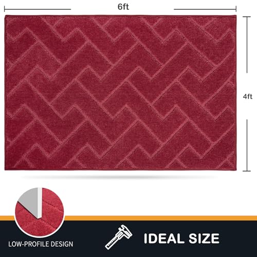PURRUGS Easy Care Area Rug 4ft x 6ft, Non-Slip Machine Washable Entry Rug, Dog Door Mat, Stain Resistant Accent Rug for Hallway, Bedroom, Living Room and Mudroom, Cherry Red