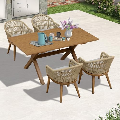 Image of PURPLE LEAF 5 Pieces Patio Dining Set with Outdoor Aluminium Dining Table and Woven Chairs Modern Metal Furniture Cushions Sets for Garden Yard Indoor Decor Kitchen Teak