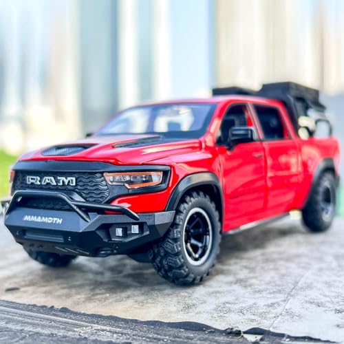 Image of 1 /32 Ram Pickup Truck Diecast Model Toy Car Metal Truck with Sound & Light Pull Back Friction Powered Toy Vehicle Openable Doors Collectible Gift for Kids & Boys (Red)