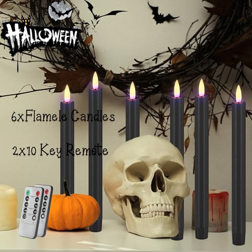 Image of Black Flameless Taper Candles, Halloween Battery Operated Candles Remote | 9.6 inch Real Wax LED Candlesticks with 3D Wick, Flickering Electric Candle with Timer, For Halloween, Home, Party Decor, 6 Pack