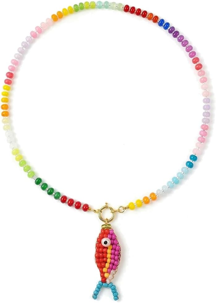 Pez Del Sol Necklace For Women, Boho Chunky Colorful Beaded Chain With Glass Rice Beads Fish Charm Pendant Statement Choker Summer Beach Jewelry Gift