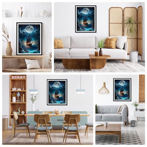 DAERLE Ship Moon Diamond Art Painting Kits for Adults, DIY 5D Diamond Painting Landscape Full Kits, Diamond Art Kits Gem Arts and Crafts Home Wall Decor 30X40cm