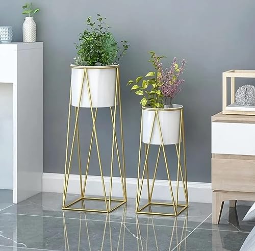 Image of HOME DECO Metal Planter Stand Set of 2 | Gold Flower Pot with Stand | Modern Indoor Outdoor Plant Stand | Tall & Short Iron Planter Holder for Home Decor | Decorative Plant Pot Stand (White)