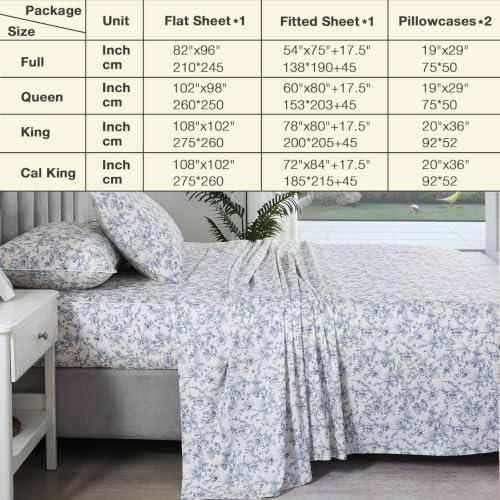 Image of Vintage Blue Floral Percale Bed Sheets King Size Deep Pocket, 4Pcs | 100% Cotton Neutral Flower Sheet Set, Shabby Chic Cottage Core Sheets, French Toile Bedding, Farmhouse, Leaf Patterned, White