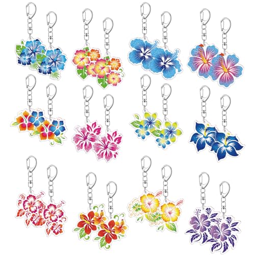Image of 24Pcs Hawaiian Summer Hibiscus Glitter Flower Keychain Gift for Women Girls Luau Party Favor Acrylic Keychain Tropical Flower Keyring Hawaii Beach Party Supply for Backpack Charm Luggage Identifier
