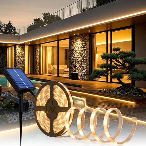 Lumtang 5 m warmweißer Solar-LED-Streifen für den Außenbereich, USB-Stromkabel zum Laden des Solarpanels, wetterfest, dimmbare led strip mit Fernbedienung, für Garten, Terrasse, Außendekoration